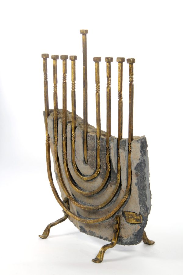 Maccabees in basalt and bronze Hanukkah Menorah