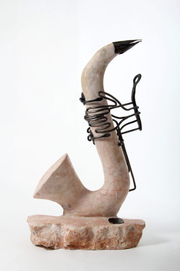 Saxophone Sculpture of Forged Iron & Red Marble | Artist Chanoch Ben Dov
