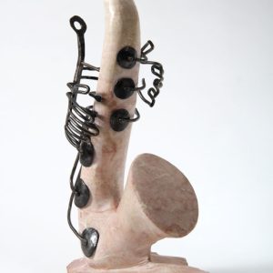 Saxophone Sculpture of Forged Iron & Red Marble | Artist Chanoch Ben Dov